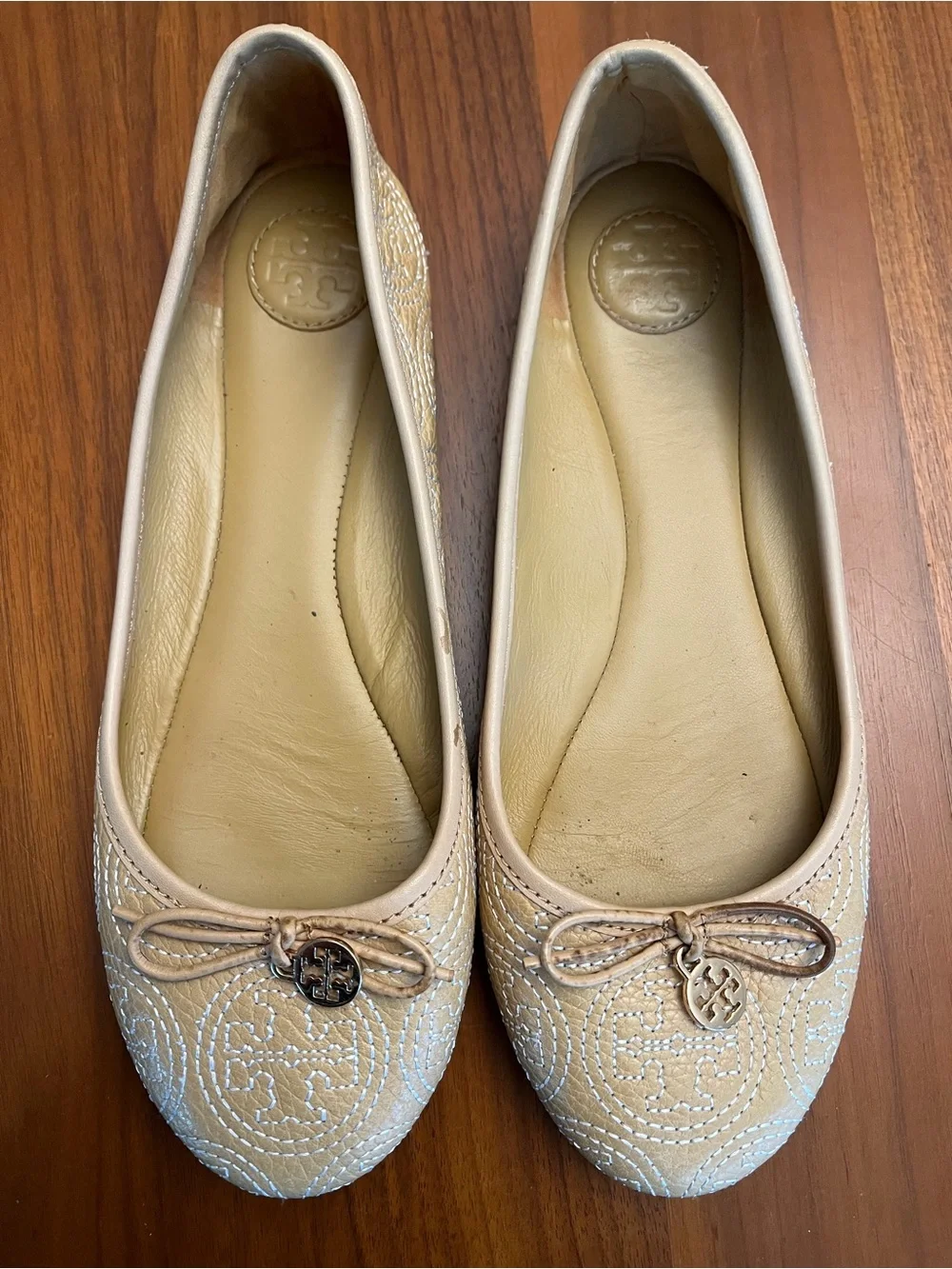 Tory Burch Tan Quilted Logo Ballet Flats with Bow